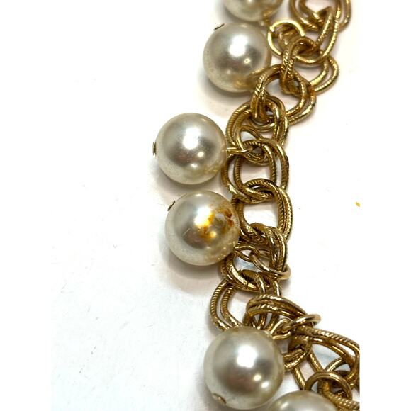 Vintage PARK LANE Necklace Gold Tone Bib Choker Signed Faux Pearl Triple Chain - Picture 5 of 5